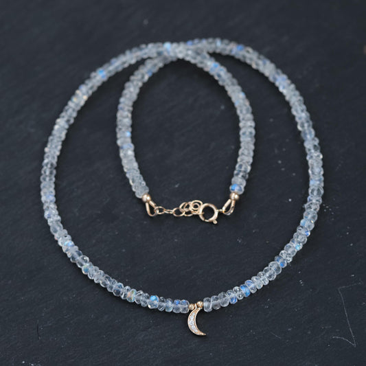 14K GOLD DIAMOND Moonstone Necklace | Rainbow Moonstone Choker | AAAA+ Blue Moonstone Faceted Rondelle Beads Necklace | June birthstone