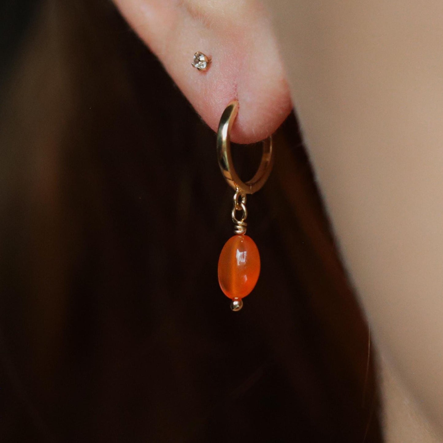 14K SOLID GOLD carnelian hoops, genuine carnelian hoop earrings, carnelian 14K gold Earrings, gold hoops with carnelian, 14K gold carnelian