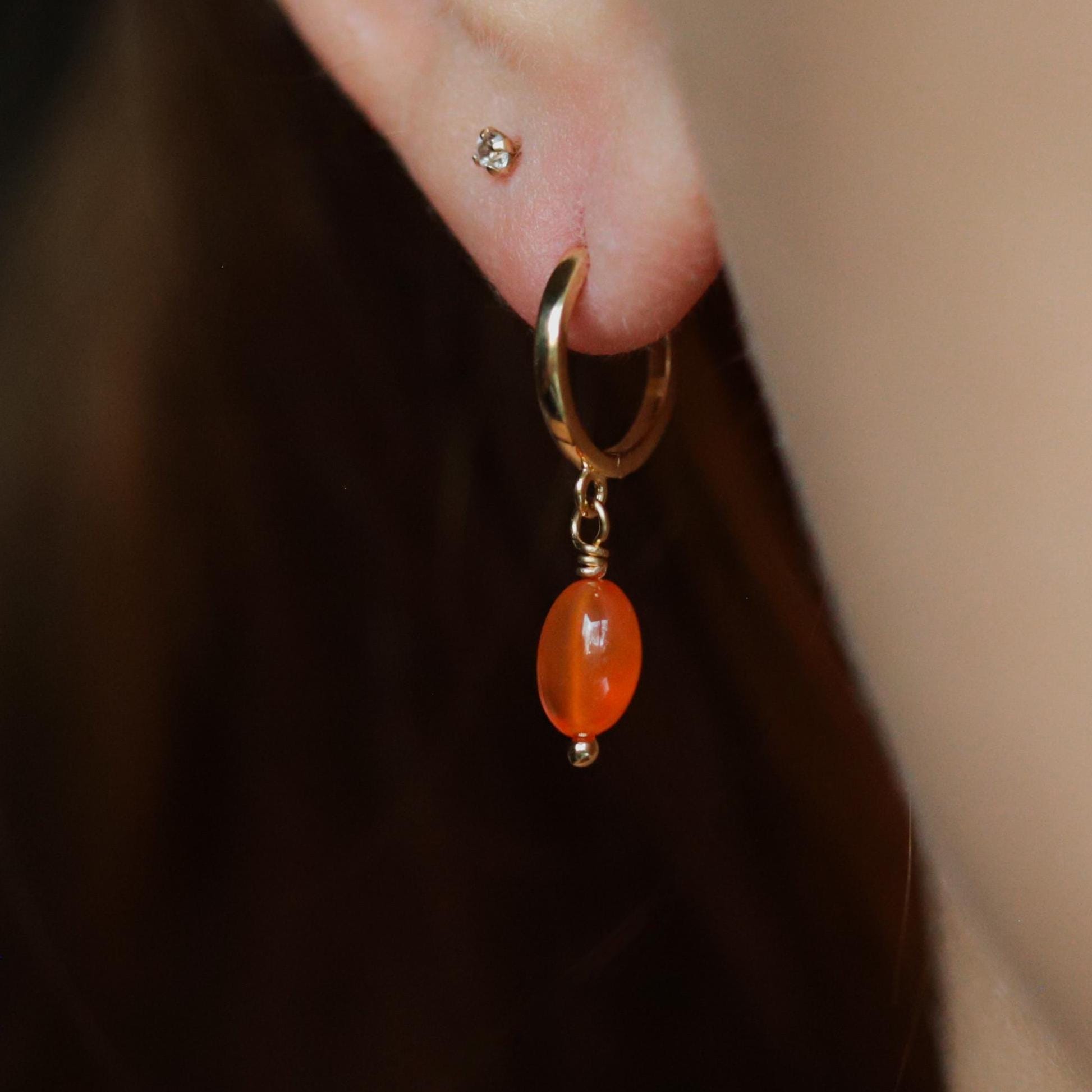 14K SOLID GOLD carnelian hoops, genuine carnelian hoop earrings, carnelian 14K gold Earrings, gold hoops with carnelian, 14K gold carnelian