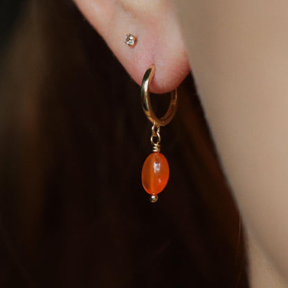 14K SOLID GOLD carnelian hoops, genuine carnelian hoop earrings, carnelian 14K gold Earrings, gold hoops with carnelian, 14K gold carnelian