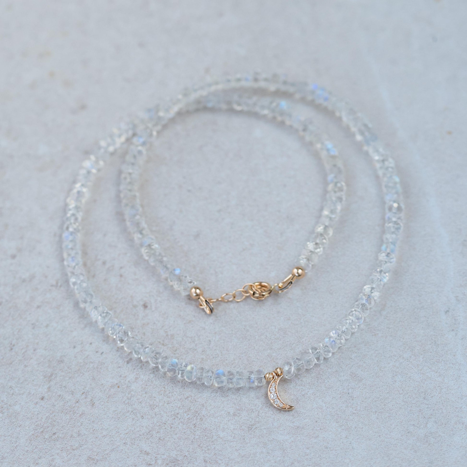 14K GOLD DIAMOND Moonstone Necklace | Rainbow Moonstone Choker | AAAA+ Blue Moonstone Faceted Rondelle Beads Necklace | June birthstone