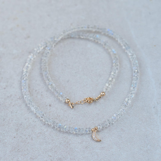 14K GOLD DIAMOND Moonstone Necklace | Rainbow Moonstone Choker | AAAA+ Blue Moonstone Faceted Rondelle Beads Necklace | June birthstone