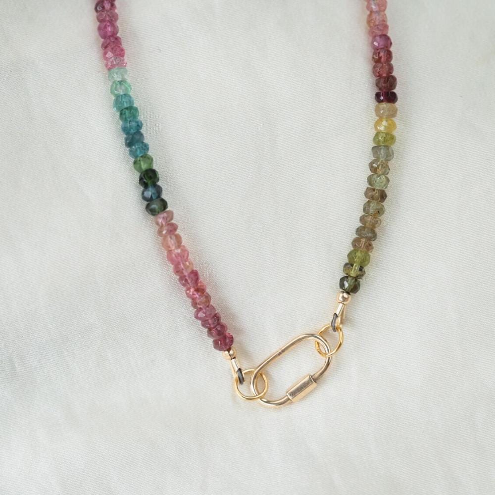 14K SOLID GOLD Tourmaline Beaded Necklace | Watermelon tourmaline necklace | Multi color tourmaline jewelry | Beaded tourmaline