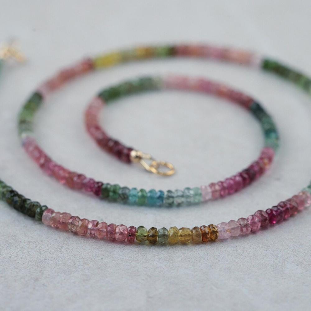 14K SOLID GOLD Tourmaline Beaded Necklace | Watermelon tourmaline necklace | Multi color tourmaline jewelry | Beaded tourmaline