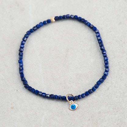 14K GOLD evil eye lapis | Stunning cube Lapis Lazuli Bracelet, Genuine Lapis Lazuli Beaded Bracelet, tiny Genuine Lapis Lazuli bracelet