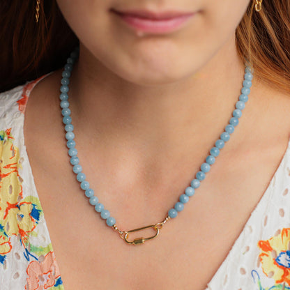 AAAA+ Aquamarine Beaded Necklace, 6mm Aquamarine necklace | Aquamarine Necklace | Aquamarine Necklace | Aquamarine carabiner necklace