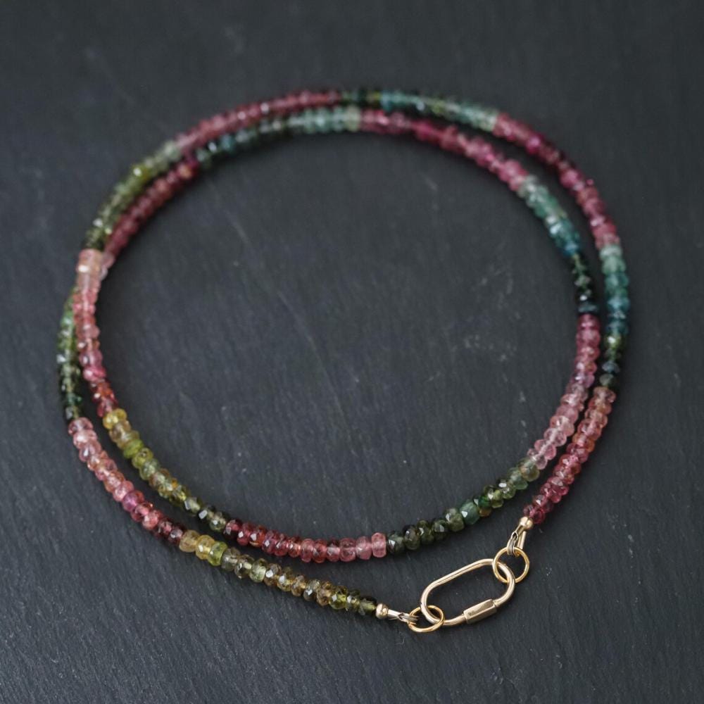 14K SOLID GOLD Tourmaline Beaded Necklace | Watermelon tourmaline necklace | Multi color tourmaline jewelry | Beaded tourmaline