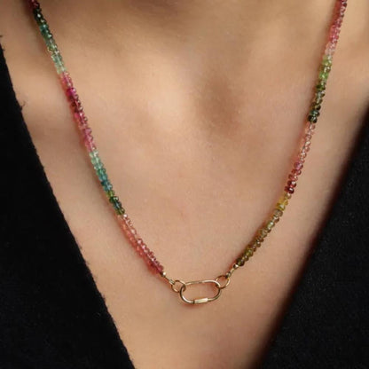 14K SOLID GOLD Tourmaline Beaded Necklace | Watermelon tourmaline necklace | Multi color tourmaline jewelry | Beaded tourmaline