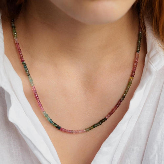 14K SOLID GOLD Tourmaline Beaded Necklace | Watermelon tourmaline necklace | Multi color tourmaline jewelry | Beaded tourmaline