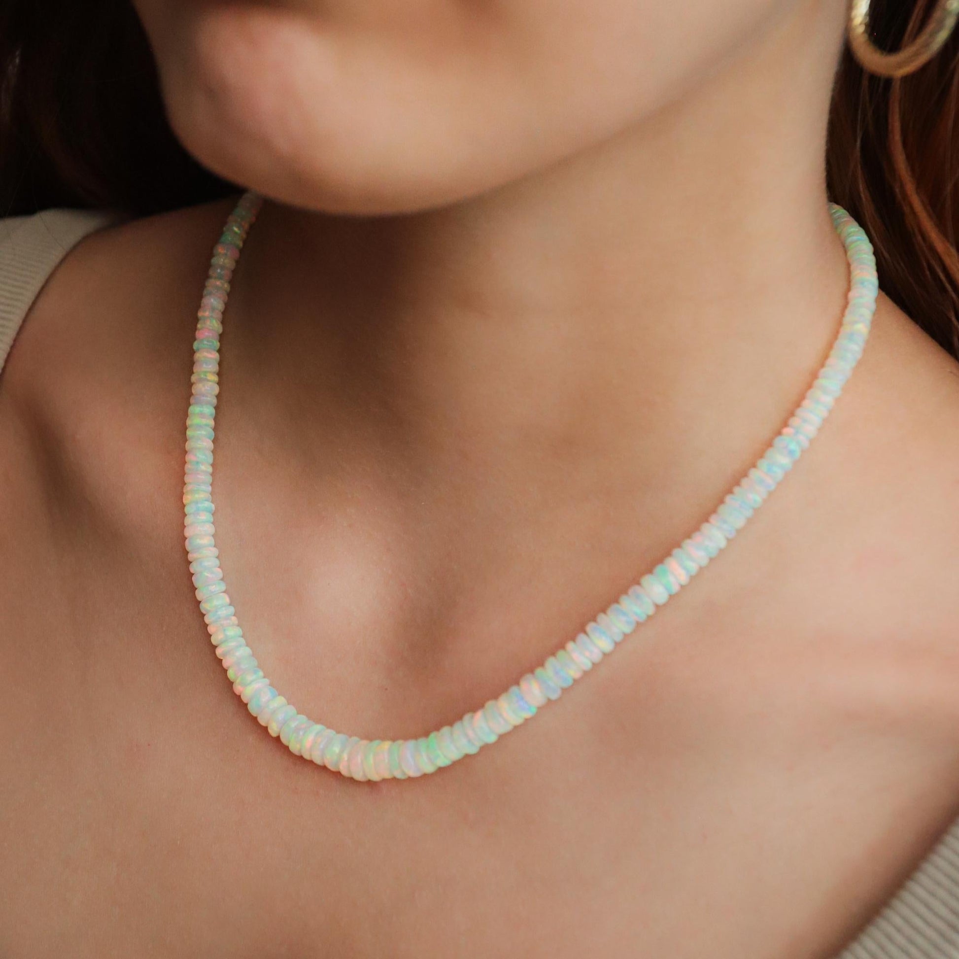14K GOLD Ethiopian Opal Beaded Necklace | AAA+ Welo Opal Rondelle Necklace | October Birthstone | Genuine Ethiopian Opal | gradient rondel