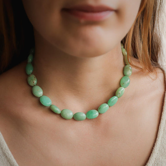 14K GOLD Smooth Nugget Chrysoprase beaded necklace | [ENCM2048]happy Chrysoprase jewelry | green gemstone beaded necklace | AAA chrysoprase