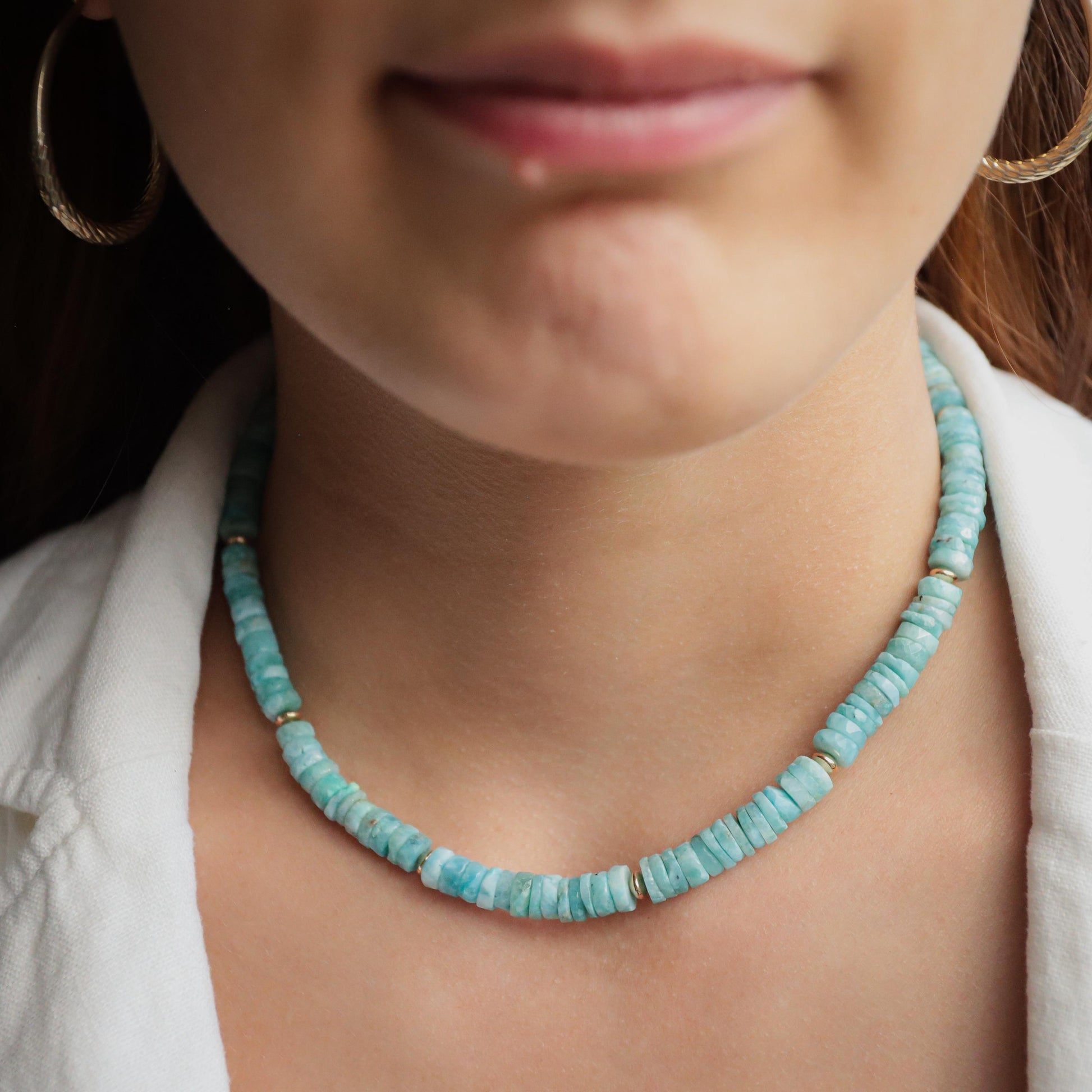 Larimar faceted heishi necklace, Dominican larimar Necklace, larimar beaded jewelry, Larimar Necklace 14k gold filled | women's larimar