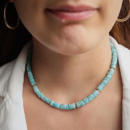 Larimar faceted heishi necklace, Dominican larimar Necklace, larimar beaded jewelry, Larimar Necklace 14k gold filled | women's larimar