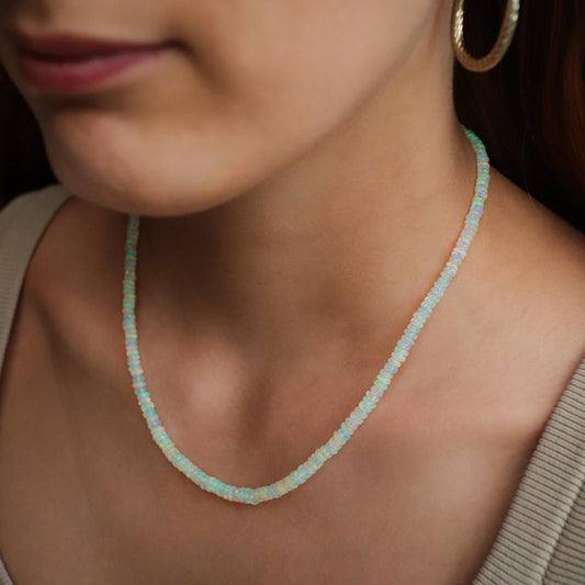 14K GOLD Ethiopian Opal Beaded Necklace | AAA+ Welo Opal Rondelle Necklace | October Birthstone | Genuine Ethiopian Opal | gradient rondel