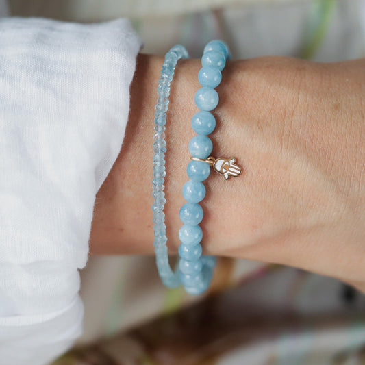 14K GOLD Aquamarine bracelet 6mm | March birthstone [EBAM1100] | AAA Aquamarine bracelet | Genuine beaded aquamarine bracelet | aquamarine