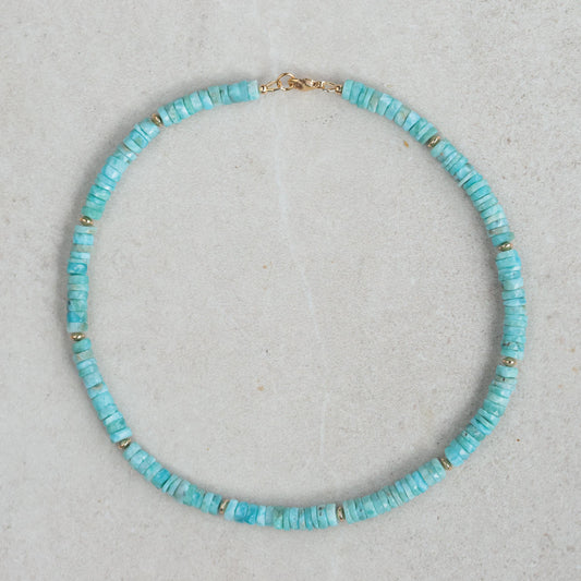 Larimar faceted heishi necklace, Dominican larimar Necklace, larimar beaded jewelry, Larimar Necklace 14k gold filled | women's larimar