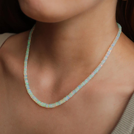 14K GOLD Ethiopian Opal Beaded Necklace | AAA+ Welo Opal Rondelle Necklace | October Birthstone | Genuine Ethiopian Opal | gradient rondel