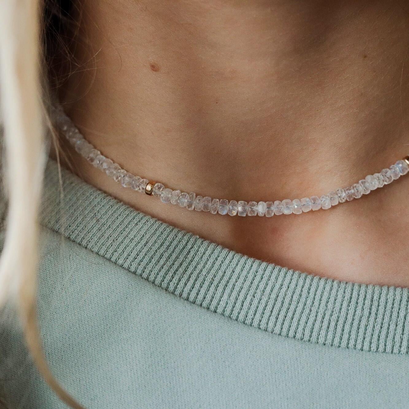 14K GOLD Moonstone Necklace | Rainbow Moonstone Choker | AAA+ Blue Moonstone Faceted Rondelle Beads Necklace | June birthstone