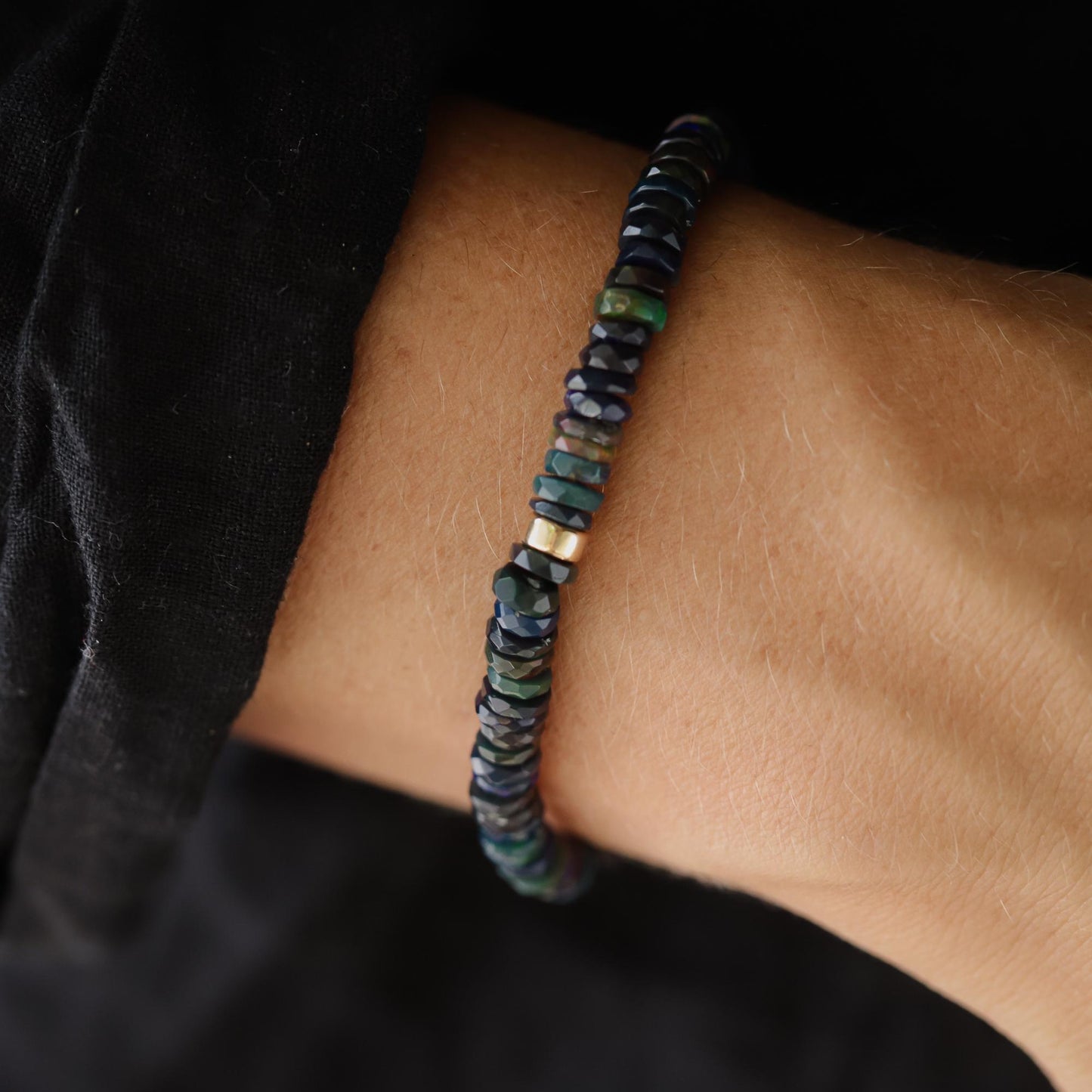 14K GOLD Black Opal Bracelet, Ethiopian black opal bracelet [EBBM1879] | AAAA+ Opal black Delicate Stacking Bracelet | women's black opal