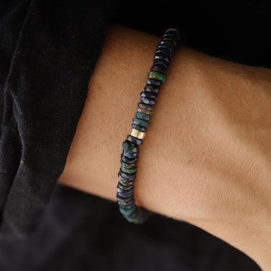 14K GOLD Black Opal Bracelet, Ethiopian black opal bracelet [EBBM1879] | AAAA+ Opal black Delicate Stacking Bracelet | women's black opal