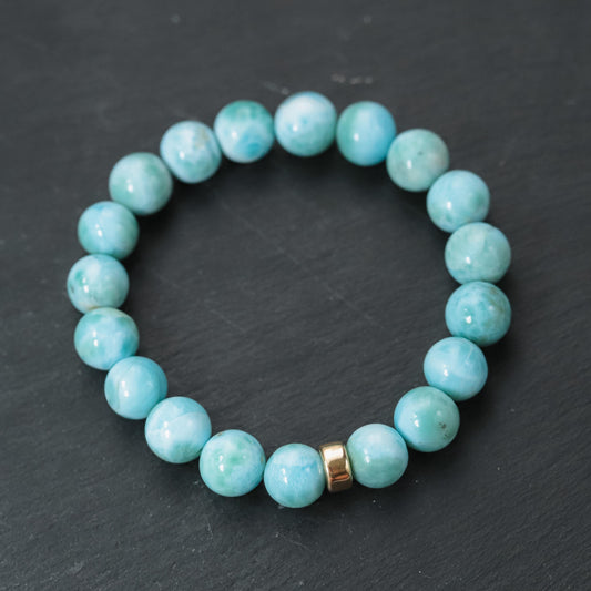 14K GOLD Larimar Bracelet 10mm, AAAA+ Larimar Bracelet | Genuine Larimar | Rare Larimar | Authentic Larimar Jewelry | Dolphin stone