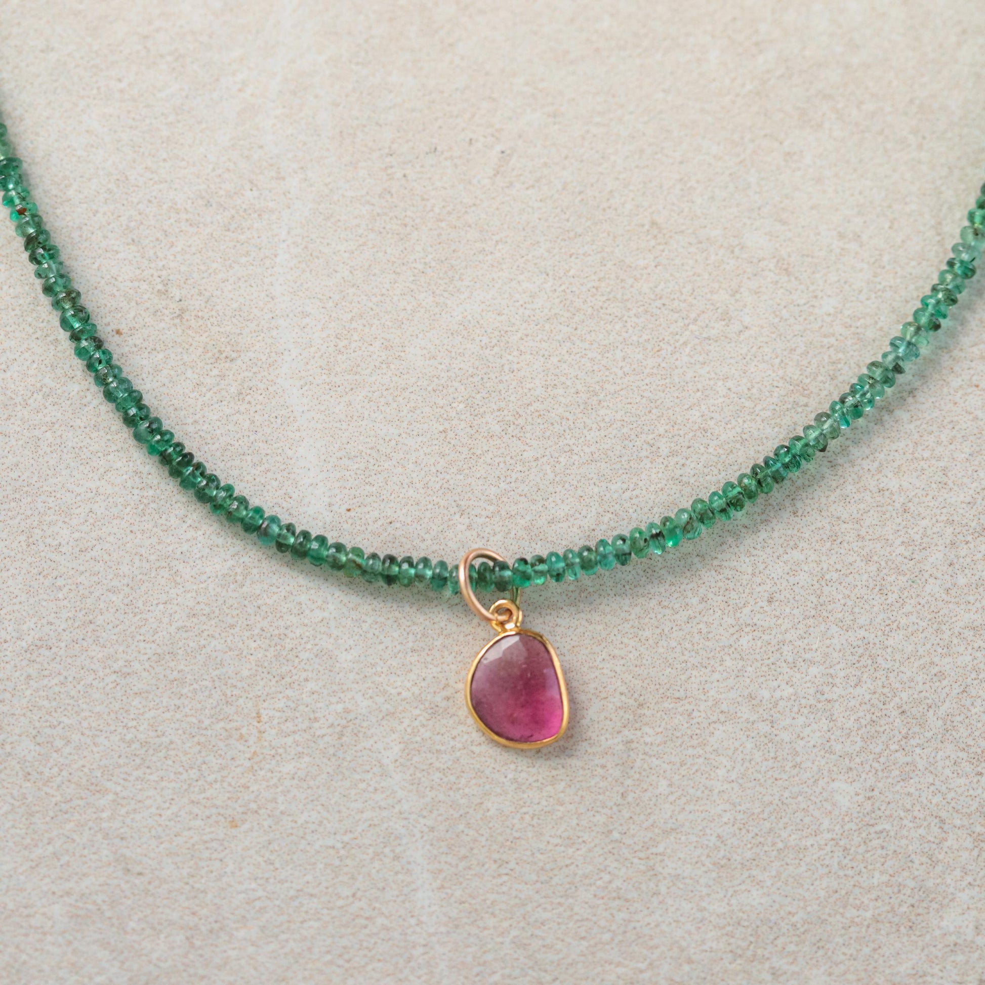 Zambian Emerald + Pink Tourmaline, Zambian emerald necklace | [ENZP2012_OOAK] May birthstone necklace | smooth dainty Zambian emerald OOAK