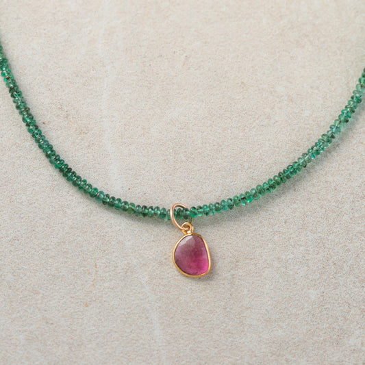 Zambian Emerald + Pink Tourmaline, Zambian emerald necklace | [ENZP2012_OOAK] May birthstone necklace | smooth dainty Zambian emerald OOAK