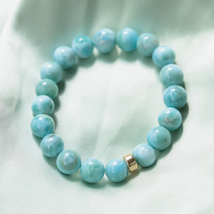 14K GOLD Larimar Bracelet 10mm, AAAA+ Larimar Bracelet | Genuine Larimar | Rare Larimar | Authentic Larimar Jewelry | Dolphin stone