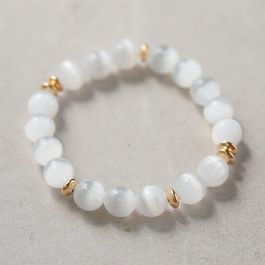 Selenite 10mm Bracelet, Genuine Selenite, Crown Chakra Bracelet [EBSM1660], Reiki Yoga Mala Bracelet, Divine Light Purity Bringer