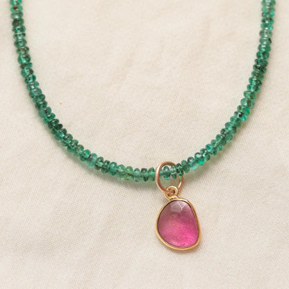 Zambian Emerald + Pink Tourmaline, Zambian emerald necklace | [ENZP2012_OOAK] May birthstone necklace | smooth dainty Zambian emerald OOAK