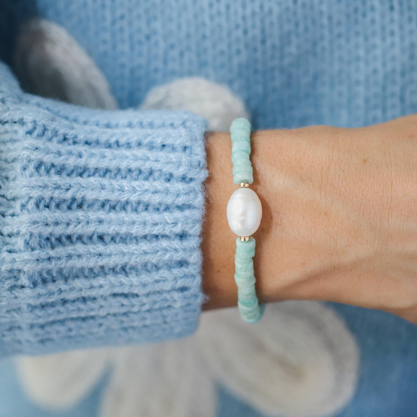 Heishi gemstone and pearl bracelet with multicolor beads and silver accents, designed by Earthly Abundance.