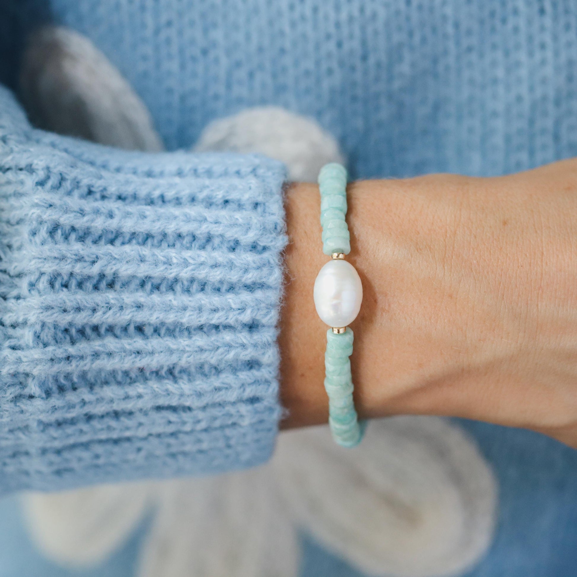 Heishi gemstone and pearl bracelet with multicolor beads and silver accents, designed by Earthly Abundance.