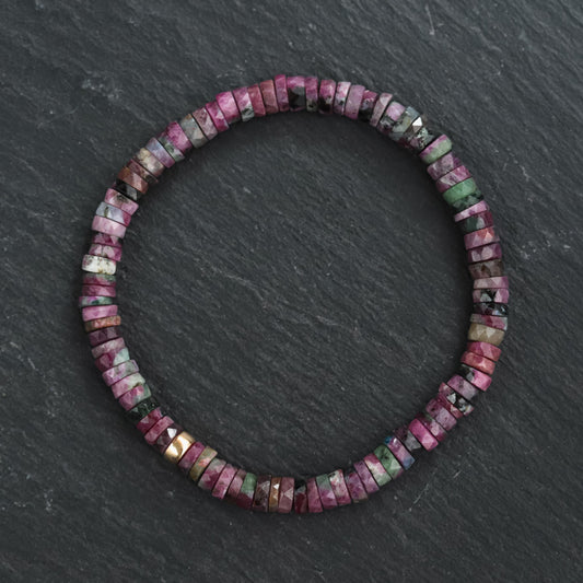 Ruby Zoisite Heishi bracelet featuring small, round gemstone beads in vibrant red and green tones from Earthly Abundance.