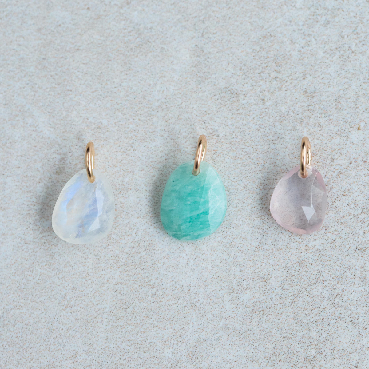 The Divine Feminine Set | Rose Quartz Amazonite Rainbow Moonstone Pendant Set | Gemstone Trio Charms in 14K Gold, Gold Filled or Silver