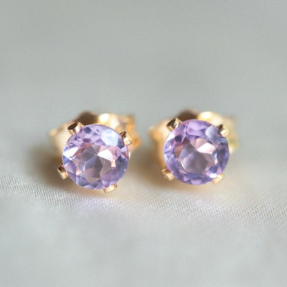 Solid 14K Gold Amethyst Stud Earrings, Brazilian Amethyst 4mm, Tiny Purple Gemstone Studs, Minimalist