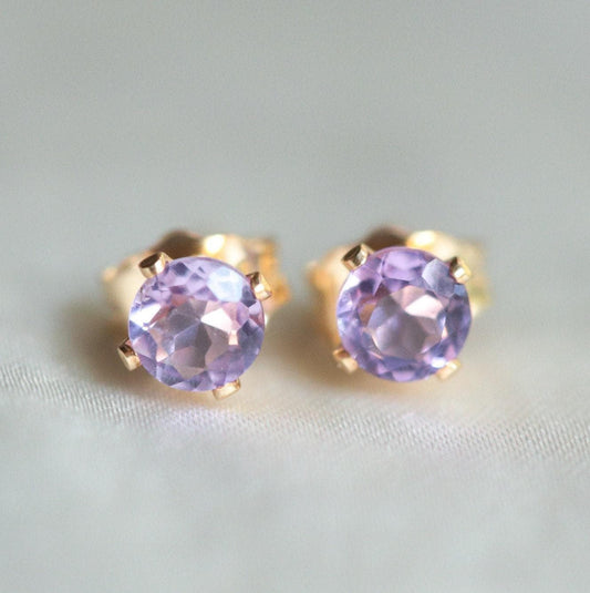 Solid 14K Gold Amethyst Stud Earrings, Brazilian Amethyst 4mm, Tiny Purple Gemstone Studs, Minimalist