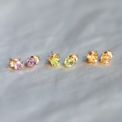 Solid 14K Gold Amethyst Stud Earrings, Brazilian Amethyst 4mm, Tiny Purple Gemstone Studs, Minimalist