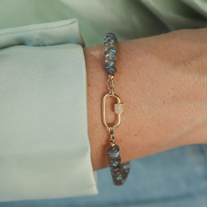Blue fire bracelet featuring Labradorite and White Topaz beads, crafted by Earthly Abundance.