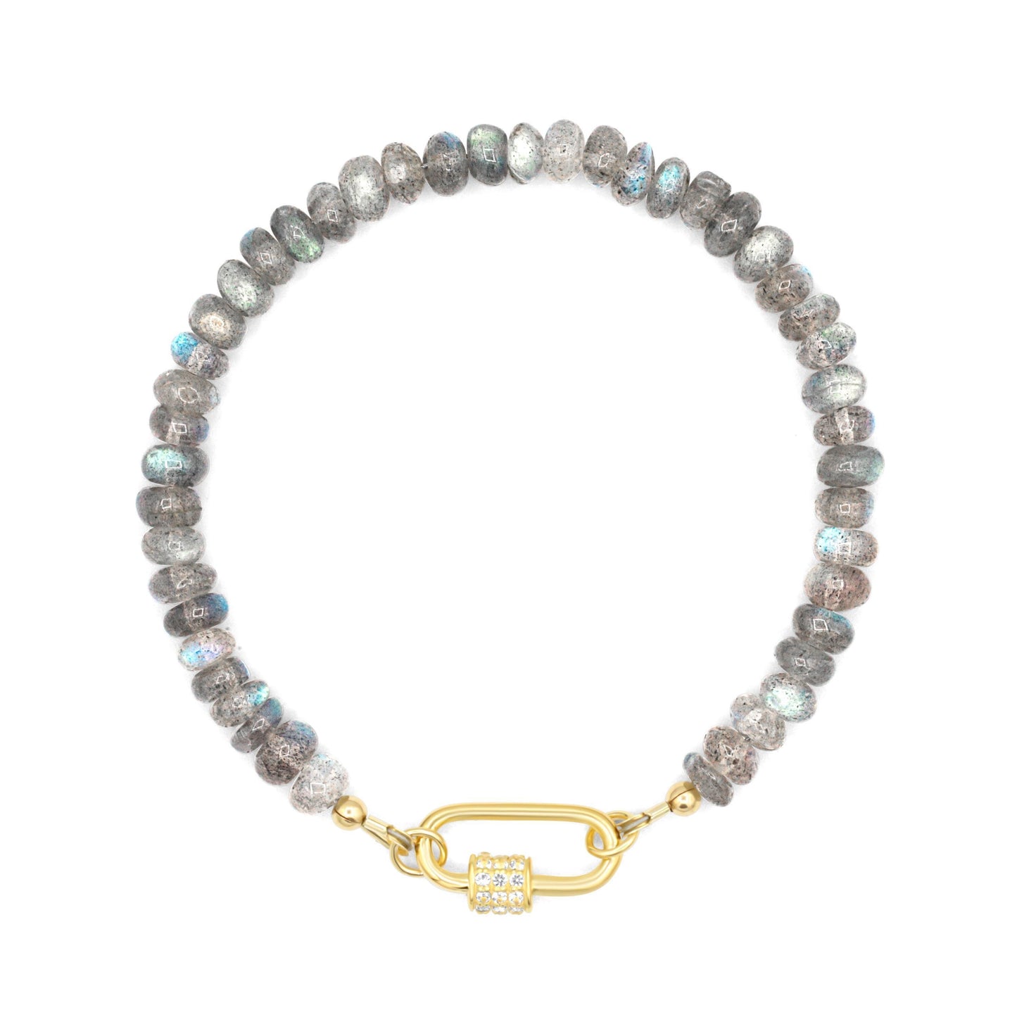 Blue fire bracelet featuring labradorite and white topaz beads from Earthly Abundance, displayed on a neutral background.