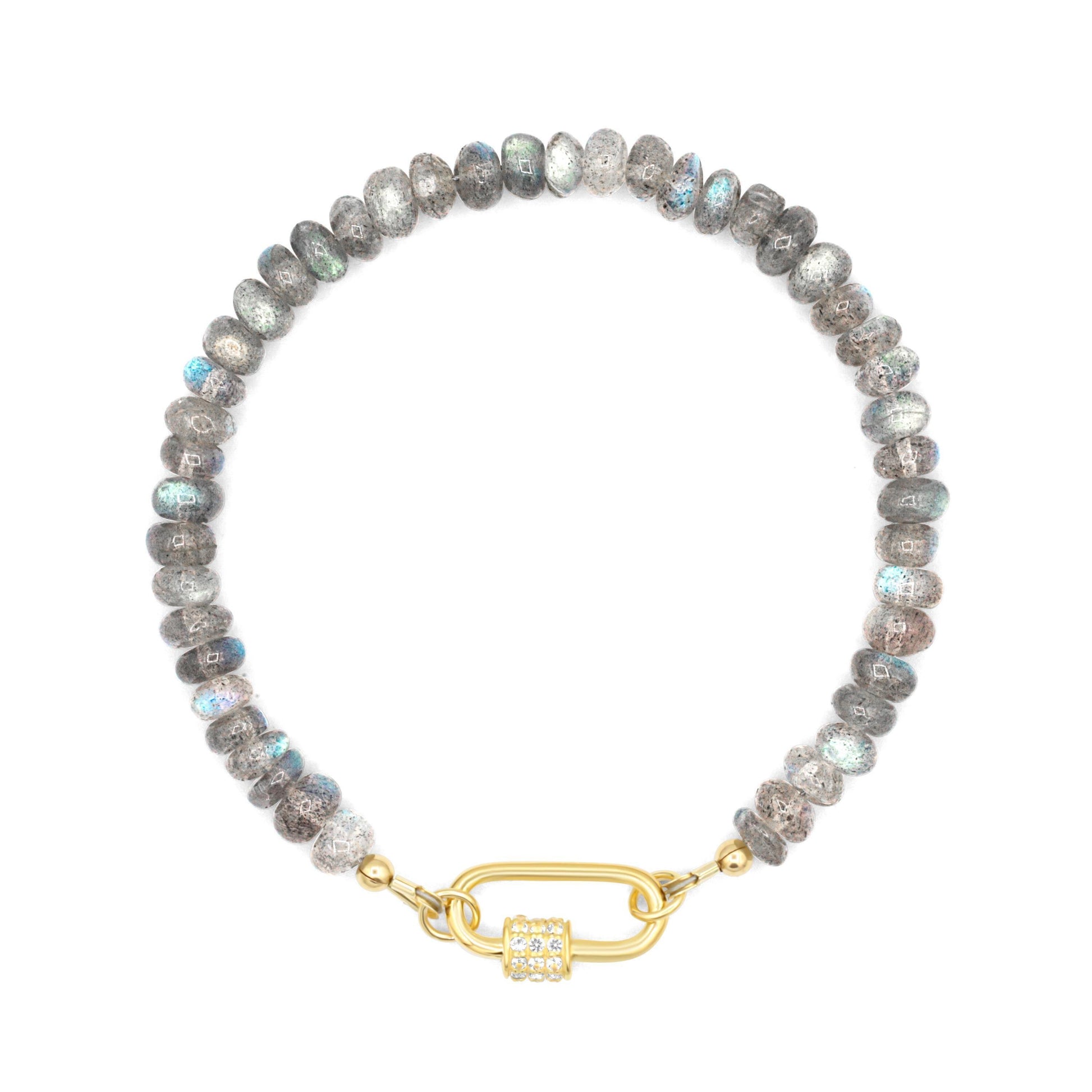 Blue fire bracelet featuring labradorite and white topaz beads from Earthly Abundance, displayed on a neutral background.