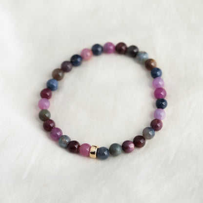 14K GOLD Ruby Sapphire 6mm | Ruby Stretch Bracelet, elastic ruby bracelet [EBSM1364], quality Pink Red ruby Beads, genuine natural sapphire