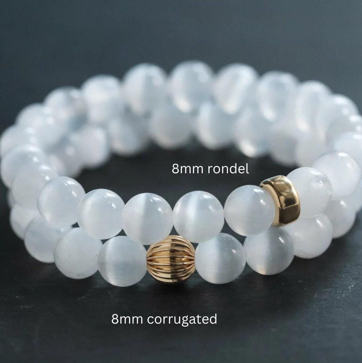 14K GOLD Selenite Bracelet, 8mm Genuine Selenite, Crown Chakra Bracelet [EBSM1092], Reiki Yoga Mala Bracelet, Divine Light Purity Bringer