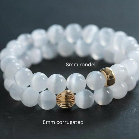 14K GOLD Selenite Bracelet, 8mm Genuine Selenite, Crown Chakra Bracelet [EBSM1092], Reiki Yoga Mala Bracelet, Divine Light Purity Bringer