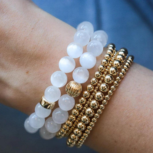 14K GOLD Selenite Bracelet, 8mm Genuine Selenite, Crown Chakra Bracelet [EBSM1092], Reiki Yoga Mala Bracelet, Divine Light Purity Bringer