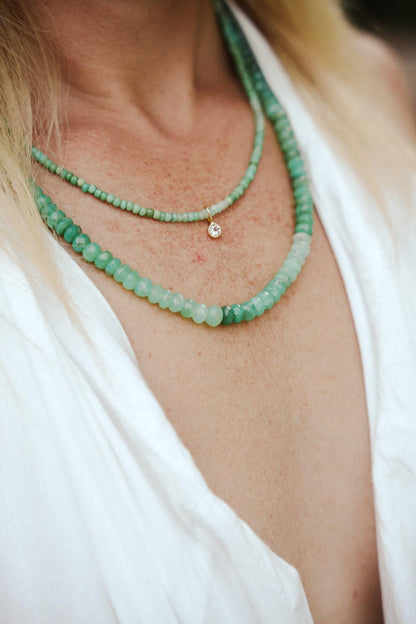 Heart-shaped Chrysoprase pendant necklace from Earthly Abundance featuring a polished green gemstone on a delicate chain.