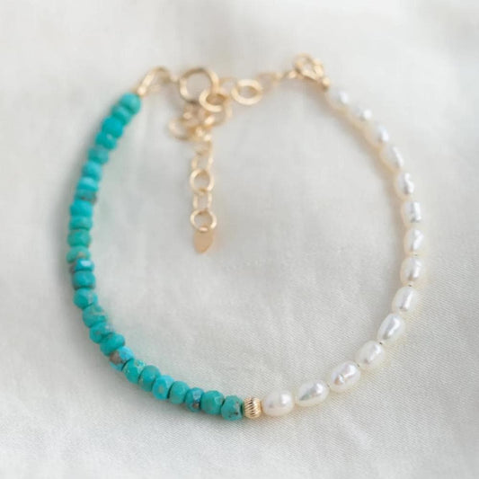 14K GOLD Turquoise freshwater pearl bracelet | Natural authentic turquoise | [EBTP1348] women's turquoise jewelry | Arizona Turquoise pearl