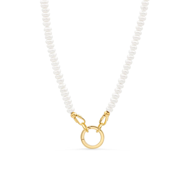 Freshwater pearl necklace with 14K gold carabiner clasp, elegant jewelry from Earthly Abundance featuring lustrous pearls and gold accents.