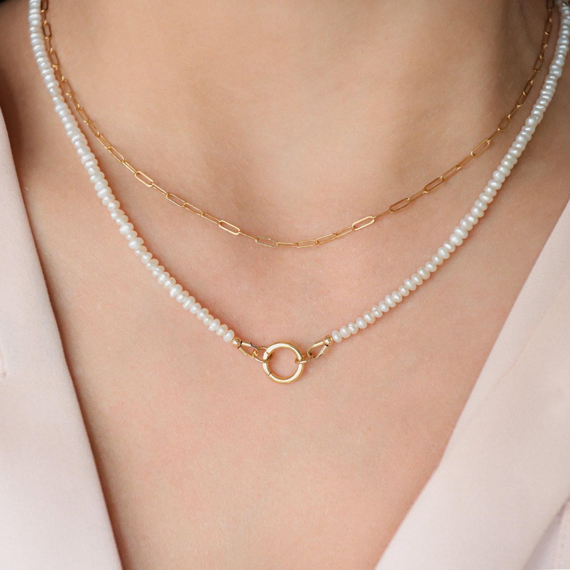 Pearl carabiner necklace - 14K