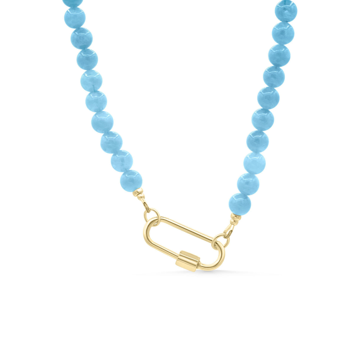 Aquamarine carabiner necklace featuring a polished aquamarine gemstone attached to a metal carabiner clasp, on a neutral background.