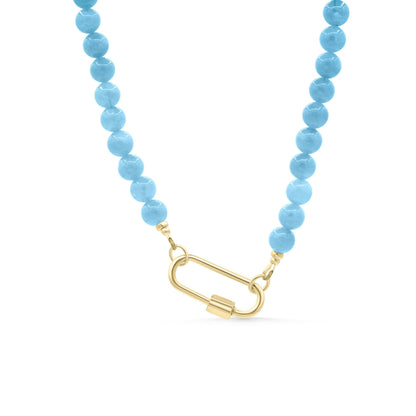 Aquamarine carabiner necklace featuring a polished aquamarine gemstone attached to a metal carabiner clasp, on a neutral background.
